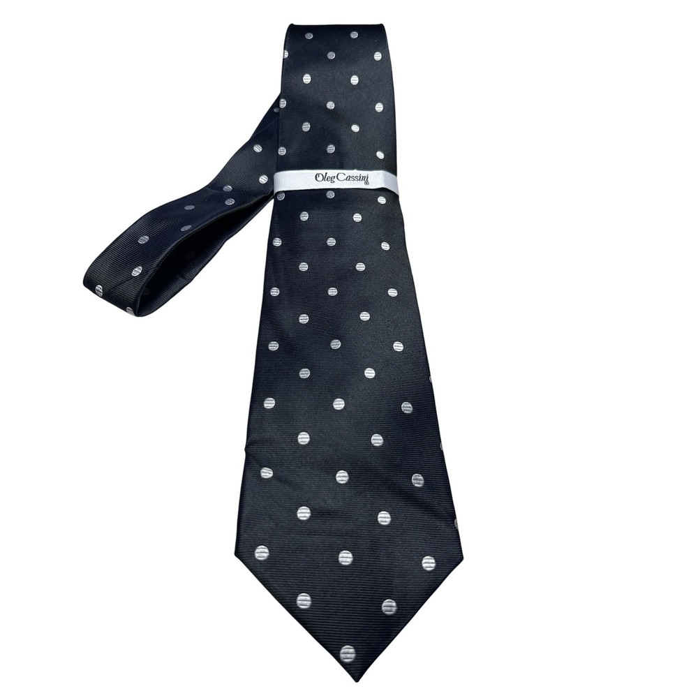 Oleg Cassini Mens Silk Necktie Navy Blue Silver Polka Dot‎ Hand Made Classic Tie